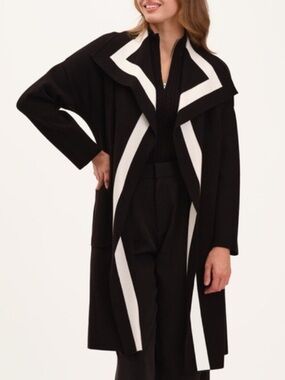 Tahari sweater oversized Black with White Stripe Shawl Collar